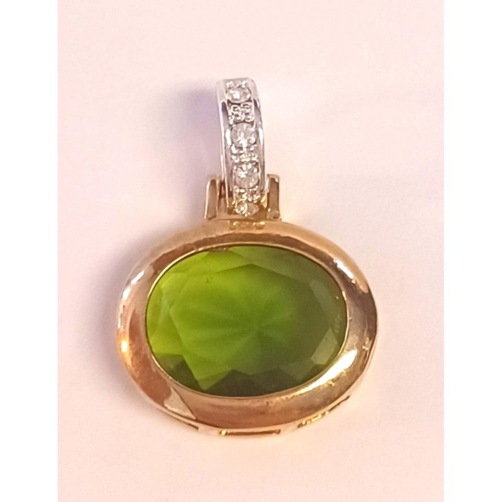 Large Oval Green Peridot Style Pendant Gold Tone Crystal Accent Statement Charm